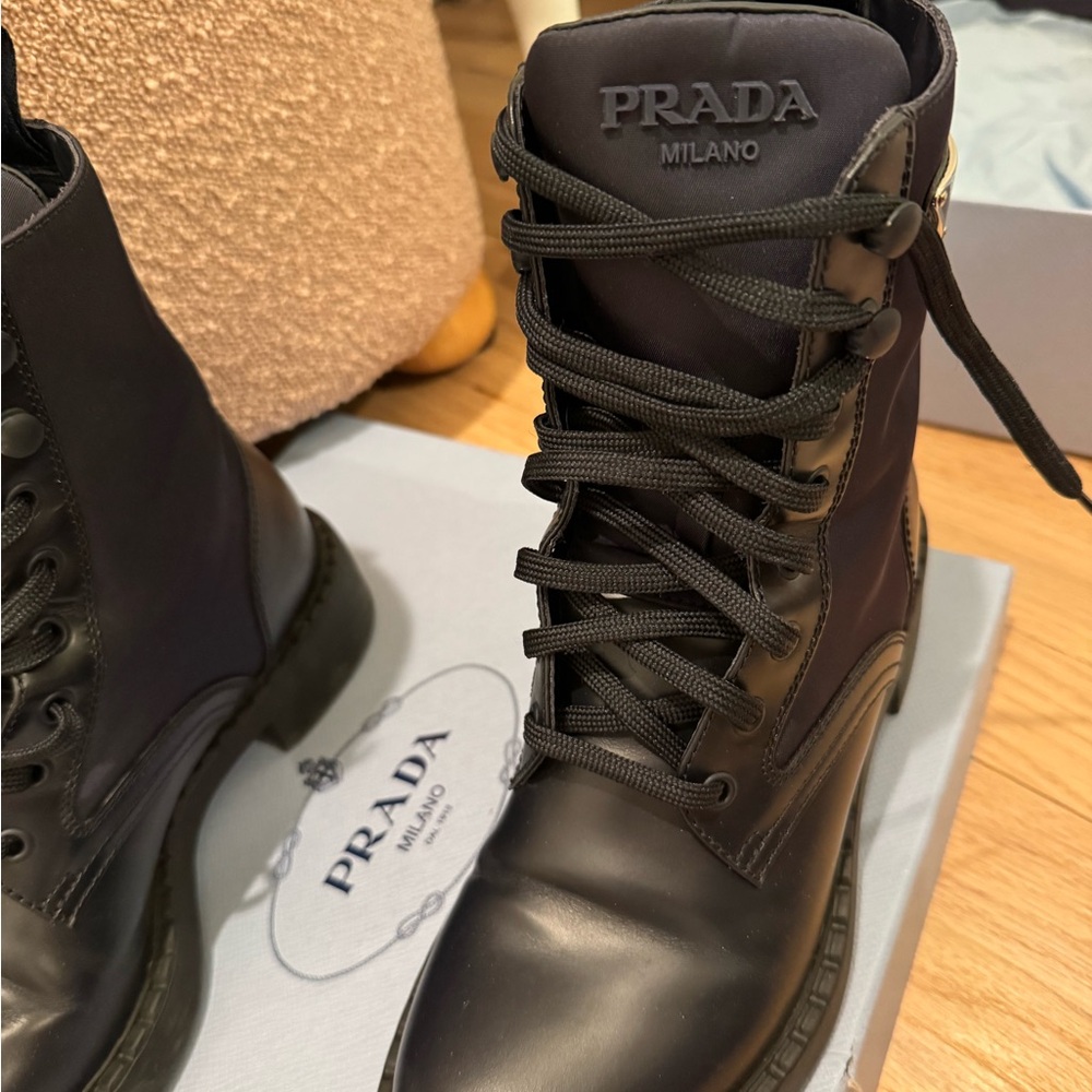Prada Black/ Blue Leather and Re-Nylon Combat Boots (Size 37) - Picture 4 of 12